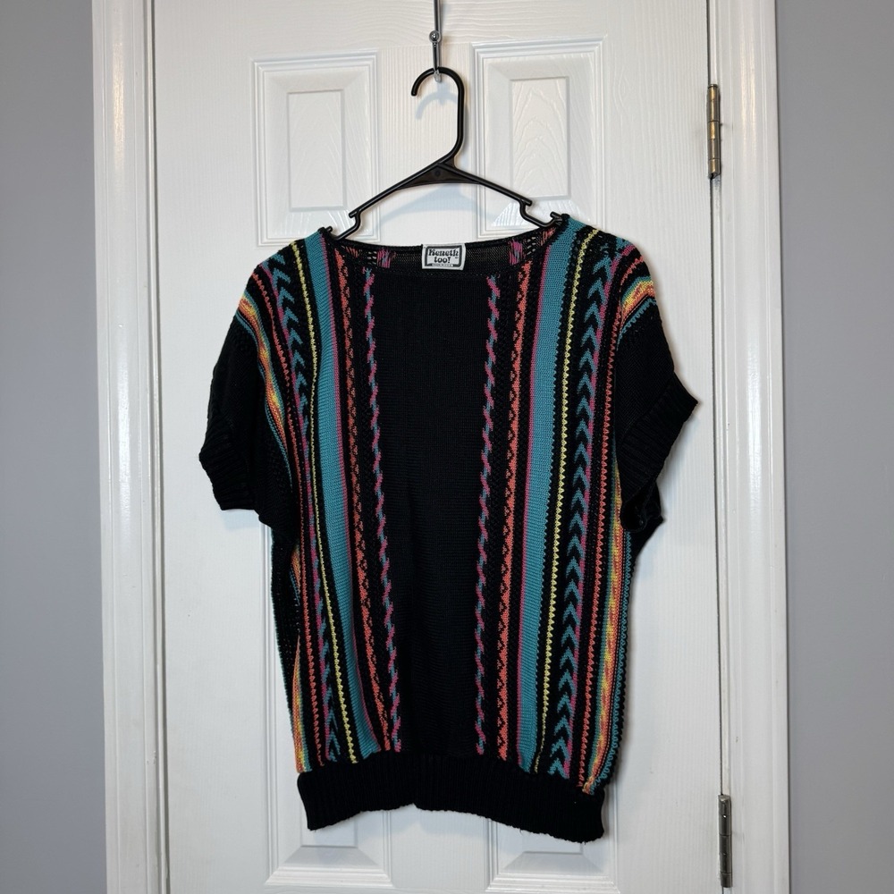 Kenneth Too Womens Sweater Lg Short Sleeve Pastel‎ Colorblock Knit Vintage Retro